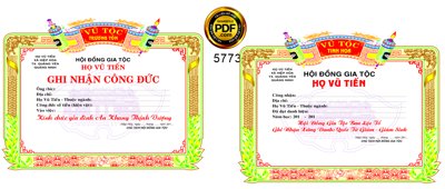 File in mica Bằng khen ghi nhận công đức hội gia tộc Họ Vũ Tiến (bản gốc) làm vách ngăn