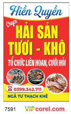 File gốc Biển vẫy Hải sản tươi - khô Hiền Quyền file corel (in lụa) tranh thuận buồm