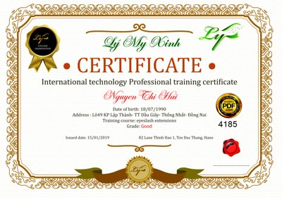 File tranh Giấy chứng nhận Spa Lý My Xinh Nguyễn Thị Hải file corel (ảnh gốc) in trần 3D