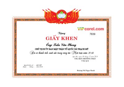 File gốc Giấy khen Mặt Trận Tổ Quốc xã Thạch Mỹ file corel (in mica) trang trí