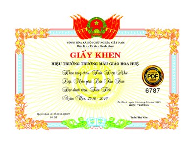File gốc Giấy khen hiệu trưởng trường mẫu giáo Hoa Huệ file corel (cho in UV) siêu nét