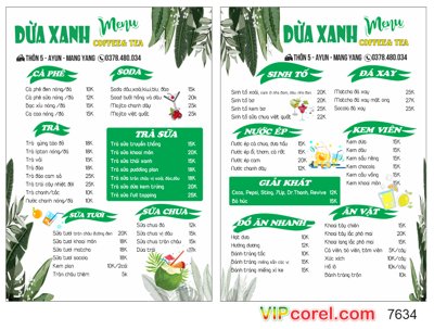 Ảnh gốc Mẫu menu Dừa Xanh - coffee & Tea file corel (độ nét cao) in tráng gương