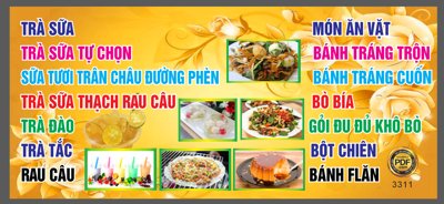 File gốc Market trà sữa - đồ ăn vặt tone màu vàng file Corel (in mica) làm bảng hiệu