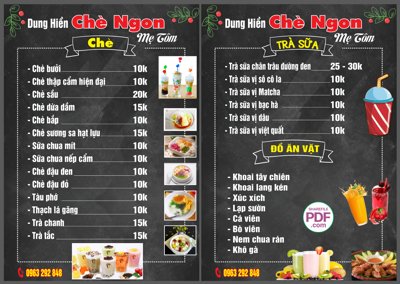 Hình ảnh file gốc in trần nhà Menu Dung Hiền - Chè ngon mẹ Tôm file PDF & CDR