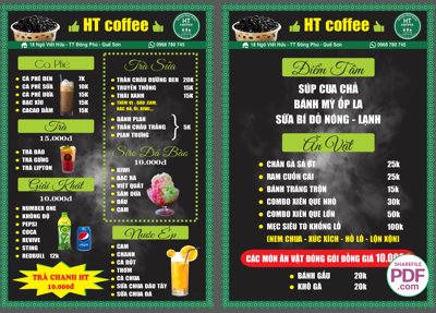 File tranh Menu HT COFFEE - Quế Sơn file vector PDF và file CDR (gốc) phong cách tối giản