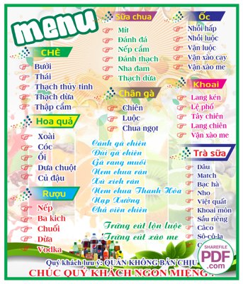 Tải file gốc Menu Hoa quả - chè - chân gà trà sữa file PDF & CDR (in bạt) quảng cáo