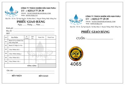 File gốc Phiếu giao hàng công ty nước sạch Purli file corel (in mica) trang trí