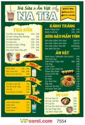 File gốc Tờ rơi Trà sữa & ăn vặt NA TEA - Nhung Navy file corel (in lụa) chi tiết cao