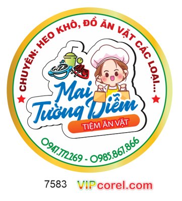 File gốc Tem nhãn tròn Tiệm ăn vặt Mai Trường Diễm file corel (in mica) trang trí