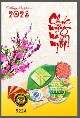 File tranh Thiệp chúc mừng năm mới 2023 bánh chưng và hoa đào (gốc) chủ đề trừu tượng