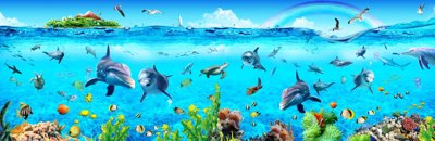 File gốc Tranh 3D đại dương xanh cá heo và hòn đảo (in lụa) tranh phong thủy