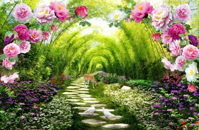 Tải file Tranh 3D phong cảnh con đường trúc và hoa mẫu đơn (gốc) in ấn ngay lập tức