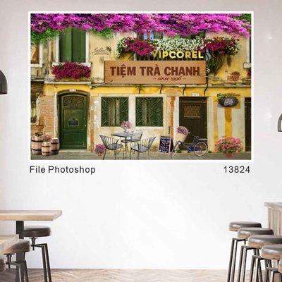 File in mica Tranh Tiệm Trà Chanh 1996 - dàn hoa giấy trên tường (ảnh gốc) đẹp