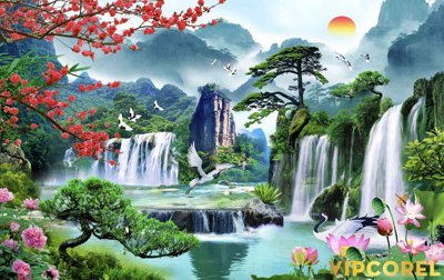 File in lụa Tranh phong thủy 3D - phong cảnh sơn thủy hữu tình #100 (chất lượng cao) Tranh phong thủy 3D - phong cảnh sơn thủy hữu tình #100