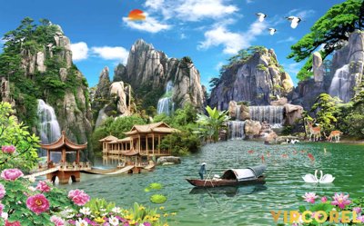 File gốc Tranh phong thủy 3D - phong cảnh sơn thủy hữu tình #97 (in lụa) trang trí tường
