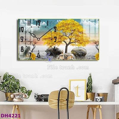 Hình ảnh file gốc File tranh đồng hồ tráng gương hươu nai hiện đại FDH4221 (chất lượng cao)