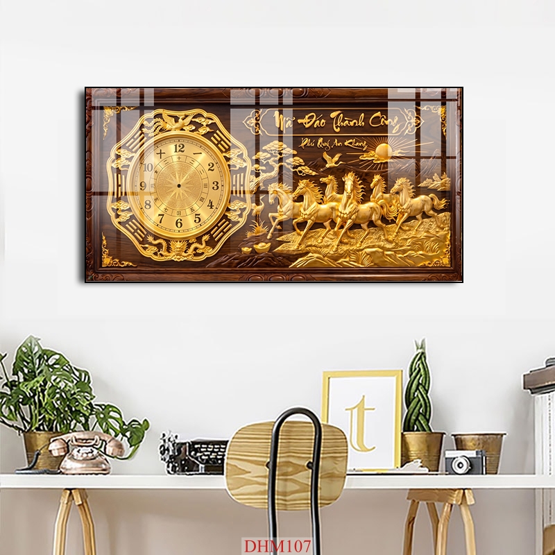 File in tranh đồng hồ tráng gương 5d giả gỗ mạ vàng đẹp DHM107