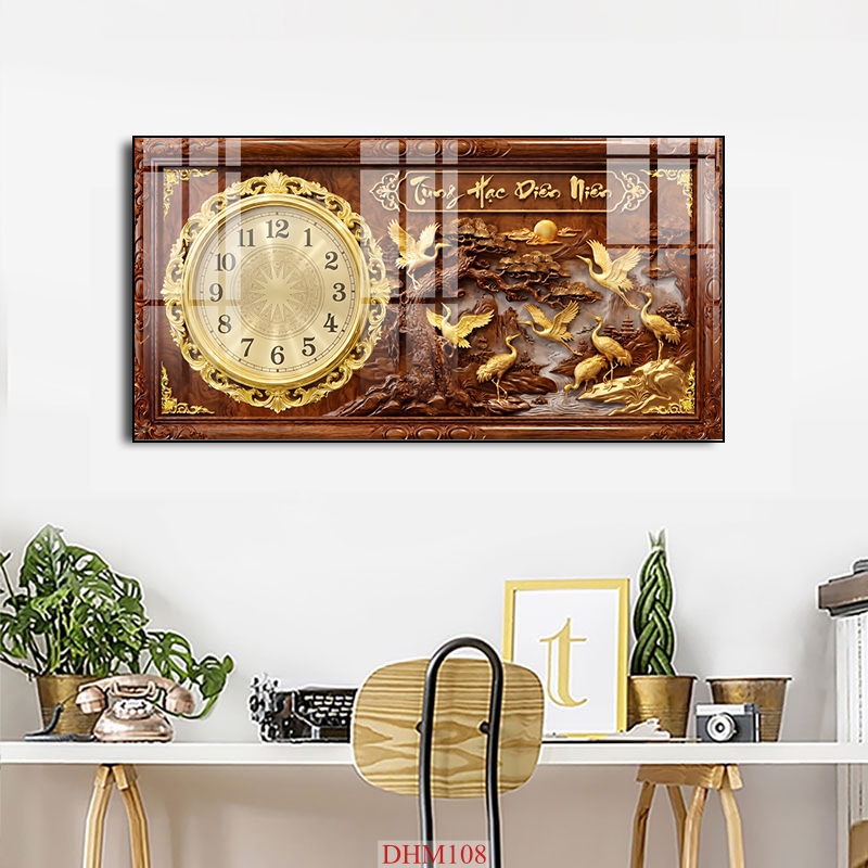 File in tranh đồng hồ tráng gương 5d giả gỗ mạ vàng đẹp DHM108