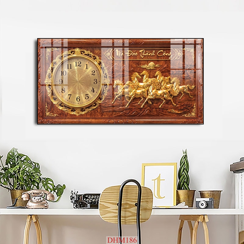 File in tranh đồng hồ tráng gương 5d giả gỗ mạ vàng đẹp DHM186
