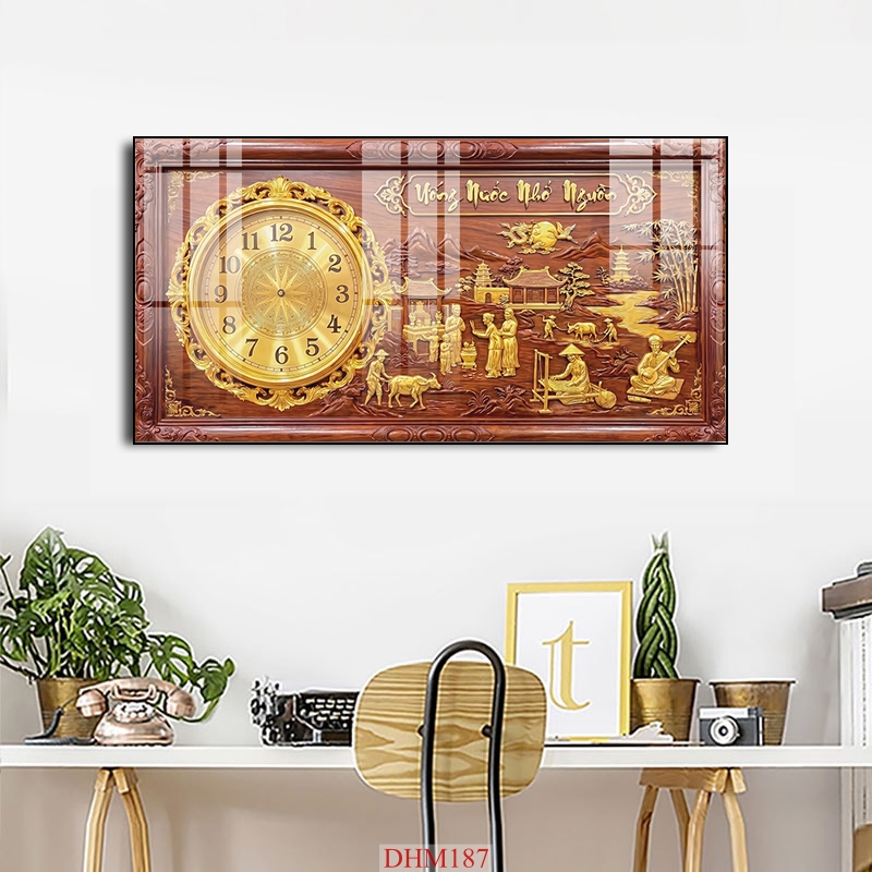 File in tranh đồng hồ tráng gương 5d giả gỗ mạ vàng đẹp DHM187
