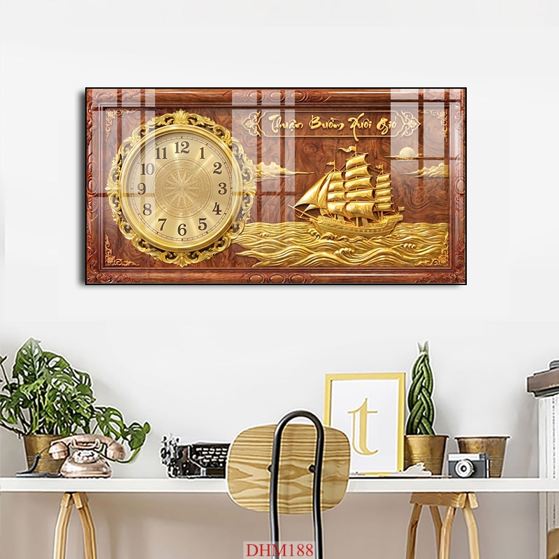 File in tranh đồng hồ tráng gương 5d giả gỗ mạ vàng đẹp DHM188