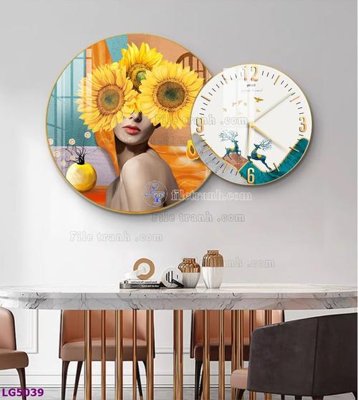 File tranh File tranh đồng hồ tráng gương tròn lồng ghép LG5039 (bản gốc) treo quán cafe