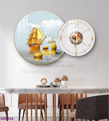File in trần File tranh đồng hồ tráng gương tròn lồng ghép LG5234 (bản gốc) mây trời