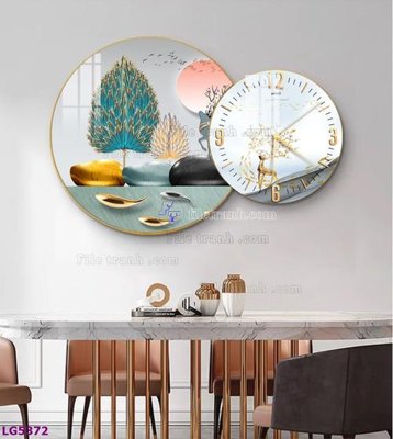 File tranh gốc in trần nhà File tranh đồng hồ tráng gương tròn lồng ghép LG5372 3D