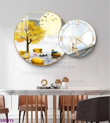 File tranh gốc in trần nhà File tranh đồng hồ tráng gương tròn lồng ghép LG5373 3D