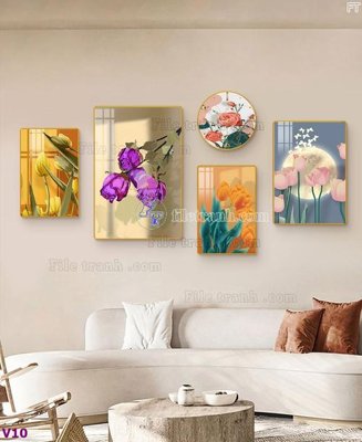 File gốc File tranh đồng hồ nhiều tấm V10 (in lụa) hoa văn cổ điển