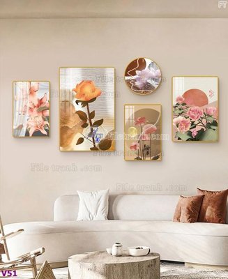 File gốc File tranh đồng hồ nhiều tấm V51 (in lụa) họa tiết 3D