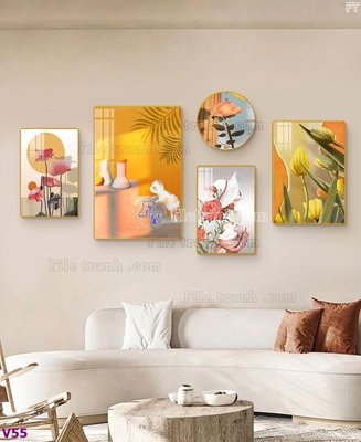File ảnh File tranh đồng hồ nhiều tấm V55 (gốc) cho trang trí nội thất