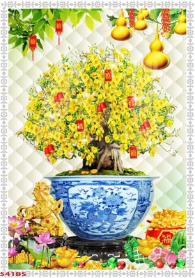 Download file gốc File tranh chậu mai bonsai 541BS (in lụa) hoa lá