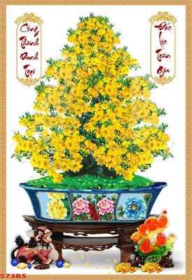 File gốc File tranh chậu mai bonsai 573BS (in lụa) cao cấp
