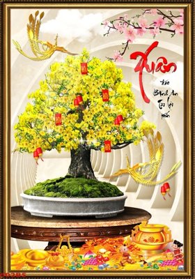 File gốc File tranh chậu mai bonsai 602BS (in lụa) trang trí tường