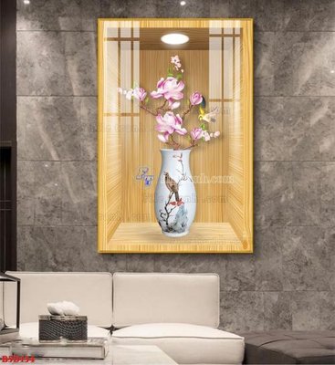 File gốc File tranh bình hoa 5D ô trưng bày đèn rọi B5D134 (in lụa) tranh mã đáo