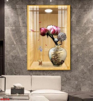 File gốc File tranh bình hoa 5D ô trưng bày đèn rọi B5D178 (in lụa) cao cấp