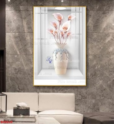 File gốc File tranh bình hoa 5D ô trưng bày đèn rọi B5D249 (in lụa) tranh phong thủy
