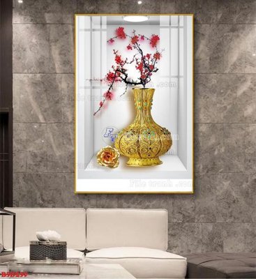 File gốc File tranh bình hoa 5D ô trưng bày đèn rọi B5D259 (in lụa) hoa văn cổ điển