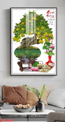 File gốc File tranh chậu mai bonsai FTTL1025 (in lụa) hoa văn cổ điển