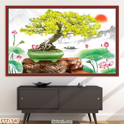 File gốc File tranh chậu mai bonsai FTTL540 (in lụa) chi tiết cao
