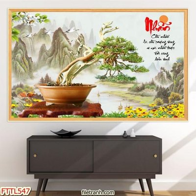 File in lụa File tranh chậu mai bonsai FTTL547 (phong cảnh) File tranh chậu mai bonsai FTTL547