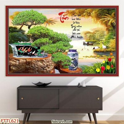 File gốc File tranh chậu mai bonsai FTTL621 (in lụa) hoa văn cổ điển
