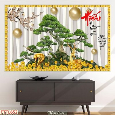 File in trần File tranh chậu mai bonsai FTTL652 (bản gốc) hoa văn
