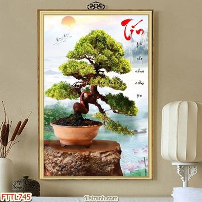 File tranh gốc in trần nhà File tranh chậu mai bonsai FTTL745 3D