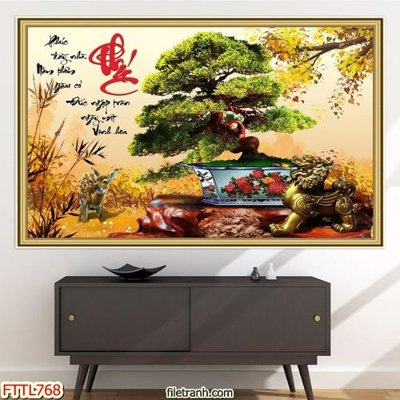 File tranh gốc in trần nhà File tranh chậu mai bonsai FTTL768 3D