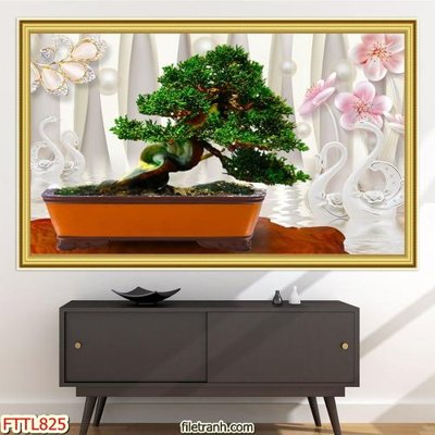 File gốc File tranh chậu mai bonsai FTTL825 (in lụa) hoa văn cổ điển