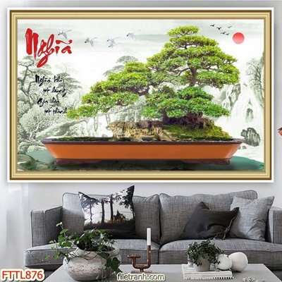 File tranh File tranh chậu mai bonsai FTTL876 (bản gốc) in lụa 3D