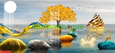 File gốc File gốc in bộ tranh decor treo tráng gương canvas GB24009 (in lụa) họa tiết 3D