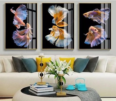 Download file gốc Tranh bộ 3 cá hiện đại HD3921 (in lụa) hoa lá